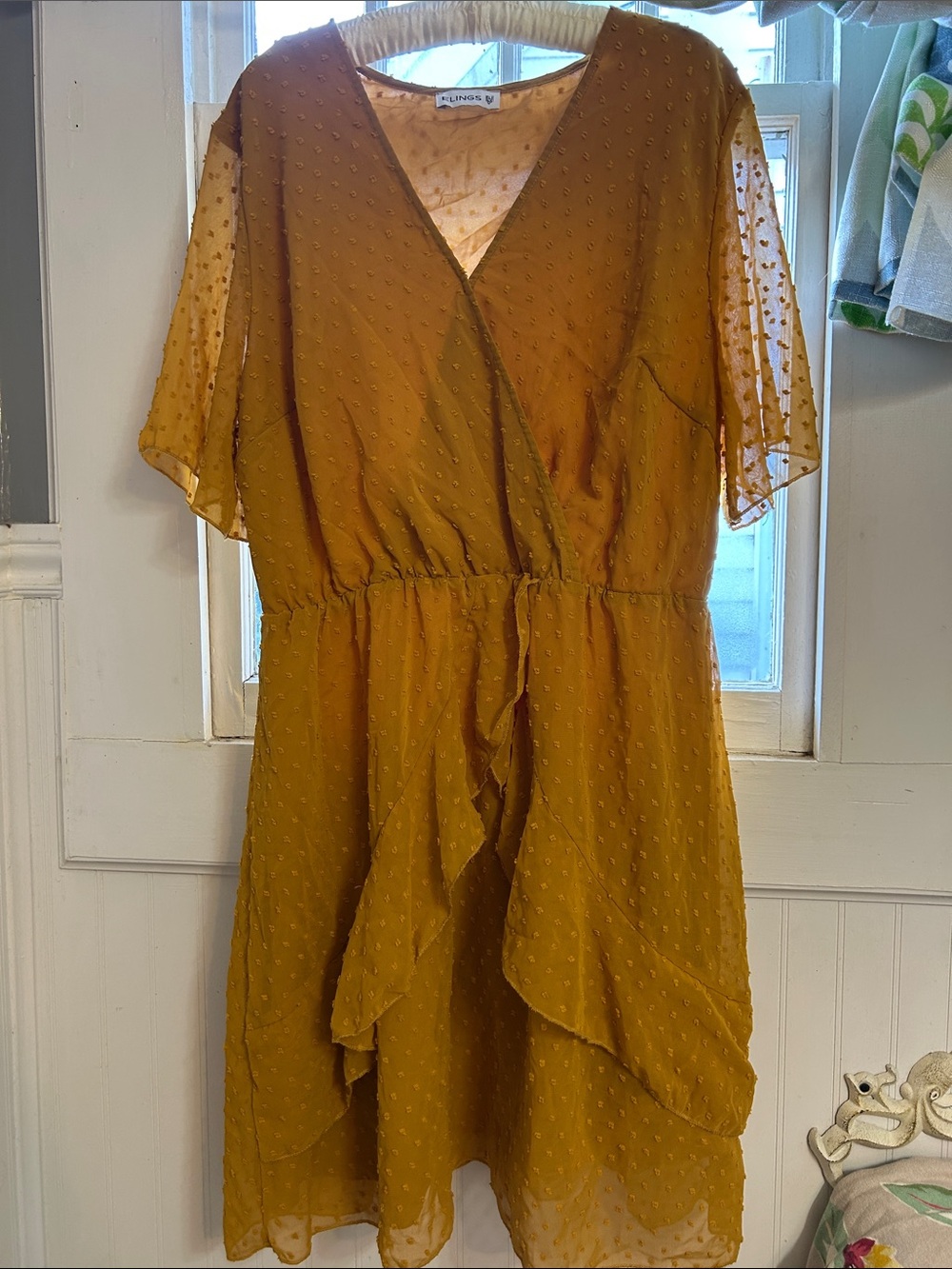 ELINGS Mustard Swiss Dot Faux Wrap Ruffle Dress | XL